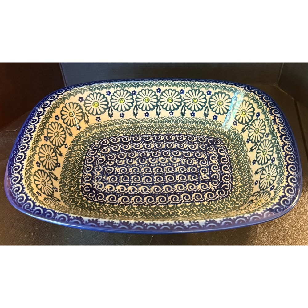 Polish Pottery‎ Kalich Unikat Rectangular Baker Blue Green Floral Stoneware 11"
